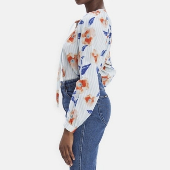 Tucker Blue V Neck Striped Floral Print Silk Tie Neck Party Blouse Top - Picture 2 of 11